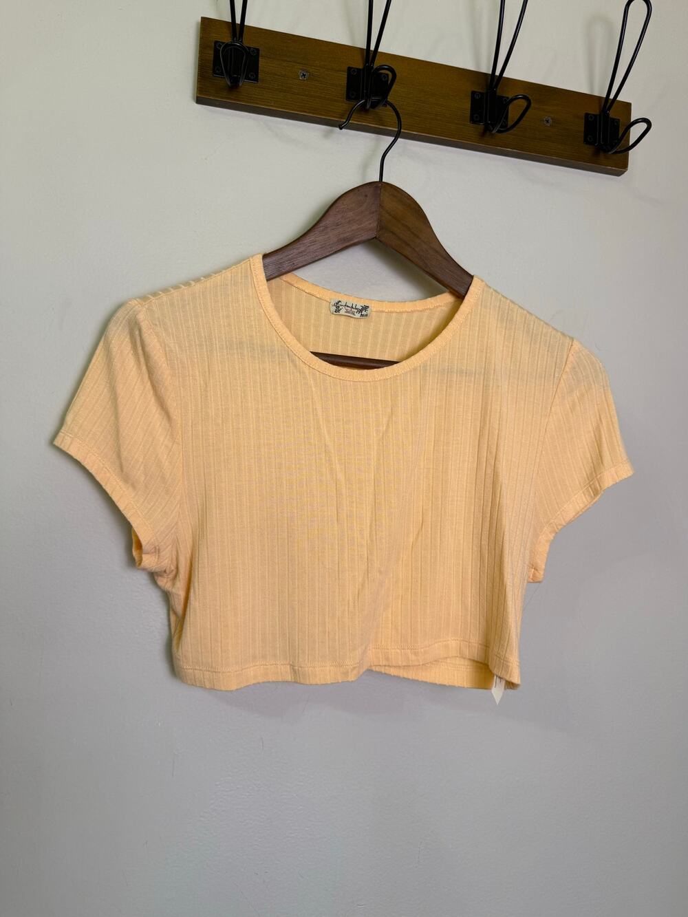 Free People Top Womens Large Peach Ribbed Knit Cropped Short Sleeve Stretch